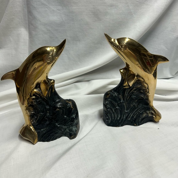 Vintage Brass Metal Dolphin With Ocean Waves Nautical Bookends MCM 70s - Picture 5 of 16